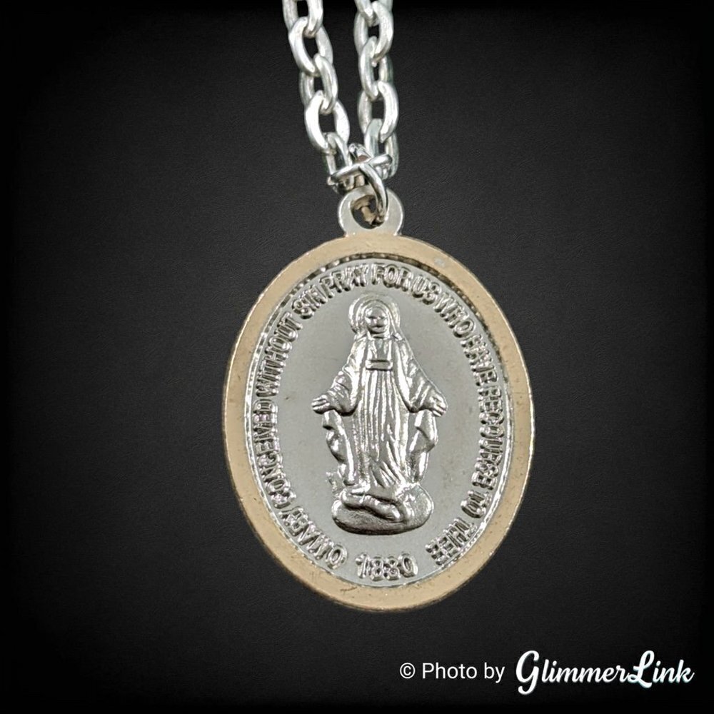 Our Lady Virgin Mary Miraculous Double Sided Two Tone Medal Pendant Necklace